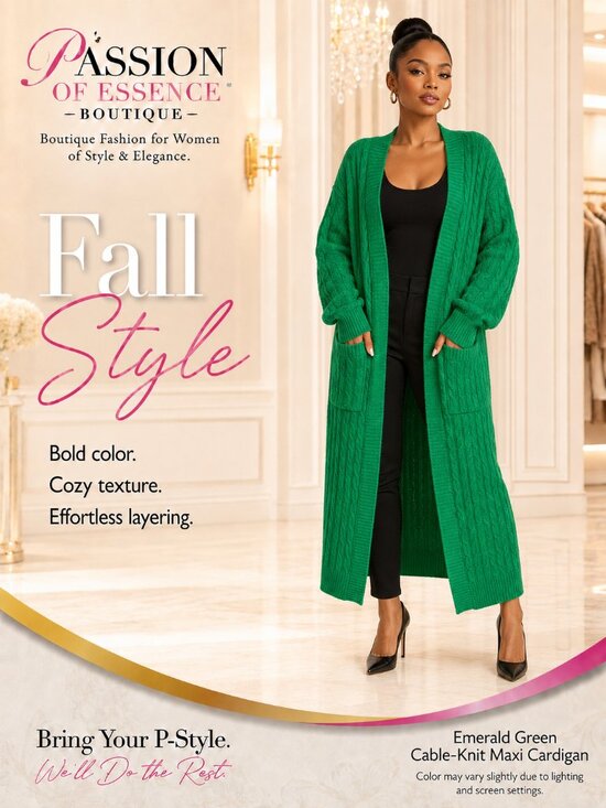 Passion of Essence Sweaters - Women’s Medium Emerald Green Cable-Knit Maxi Cardigan Open-Front Sweater